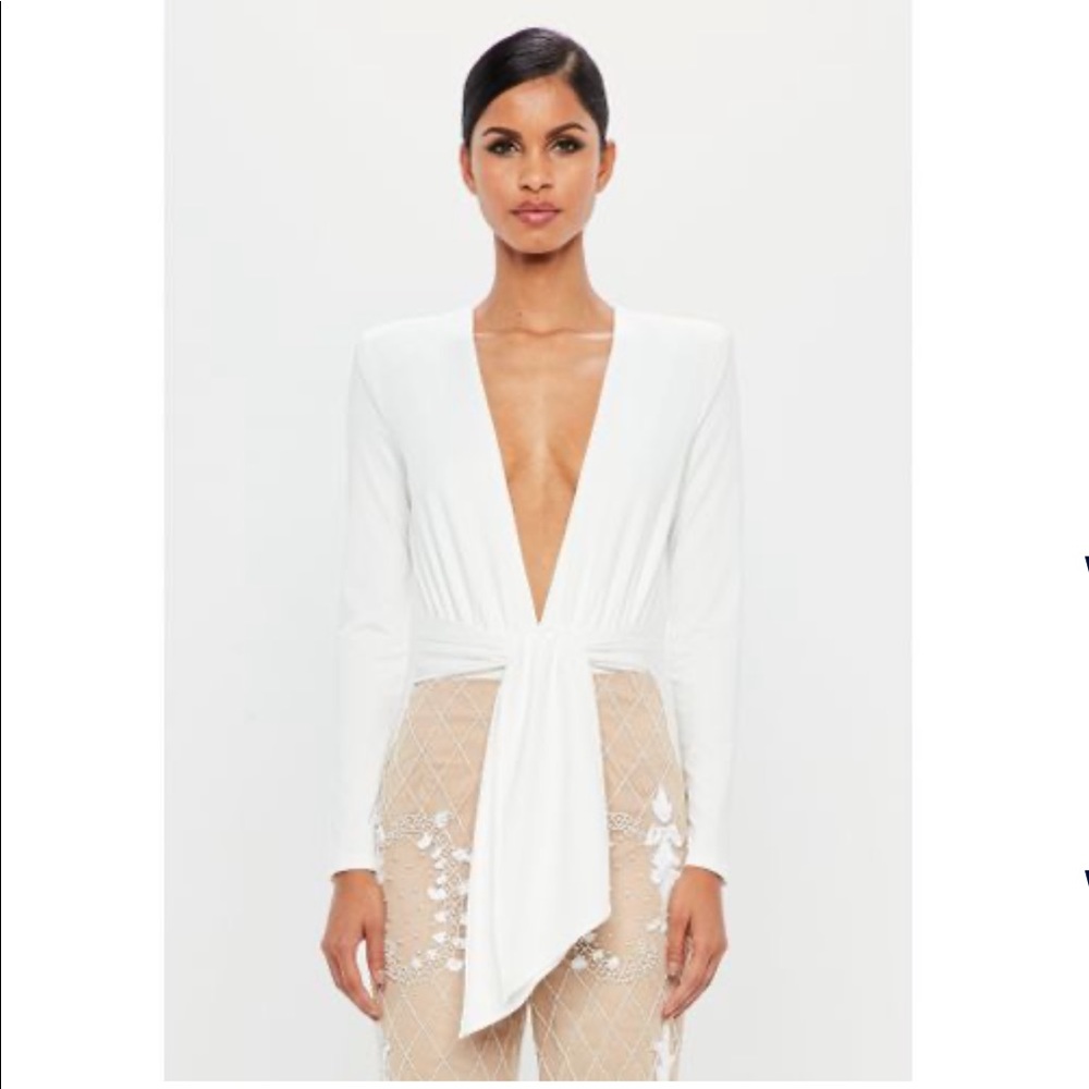 Plunge with tie detail white bodysuit